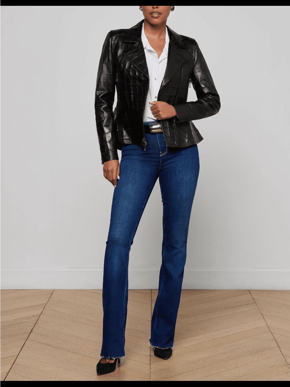 L'AGENCE Black Croc-Embossed Asymmetric Lamb Leather Jacket